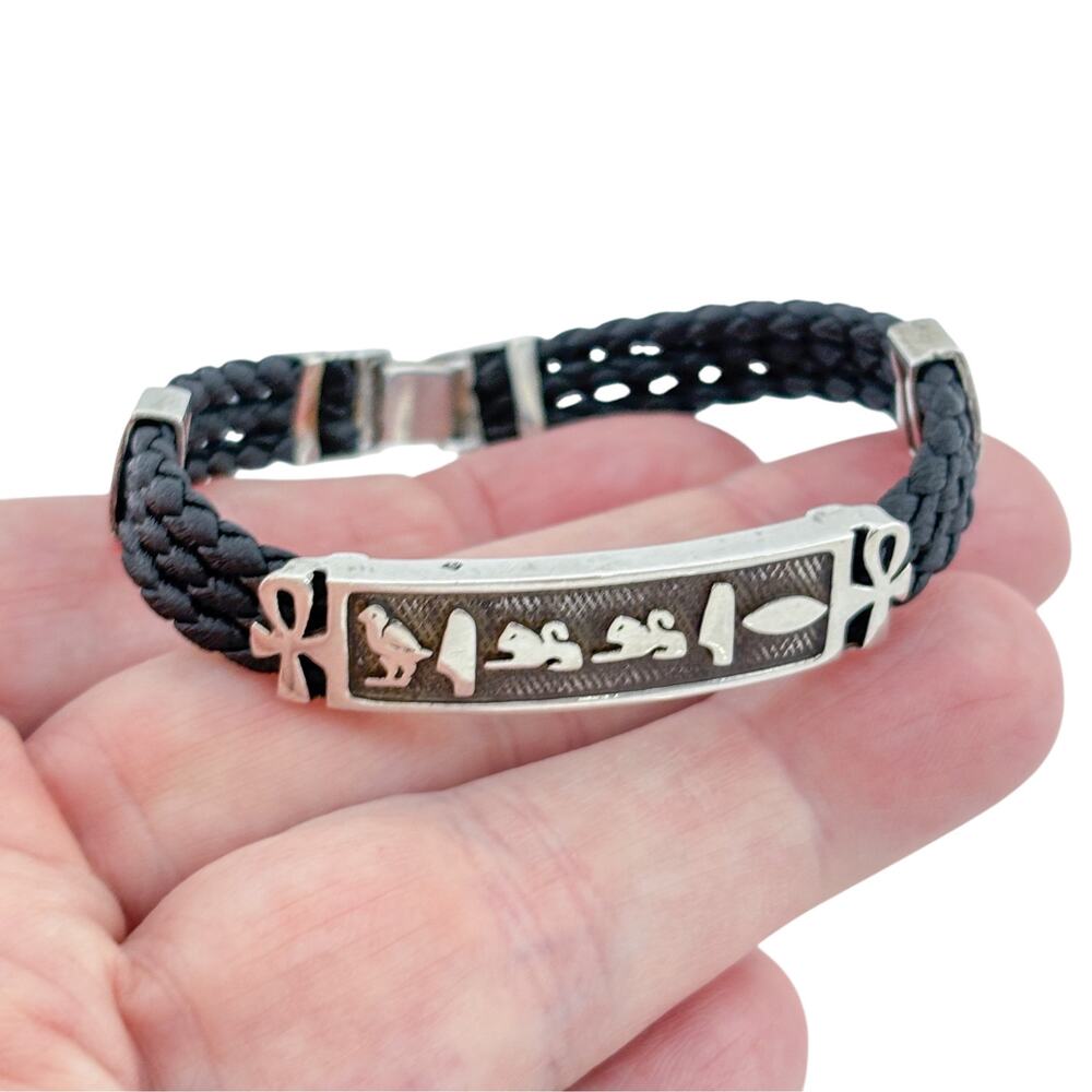 Vintage Sterling Silver Egyptian Hieroglyphic Friend Cord Bracelet 7.25 inch